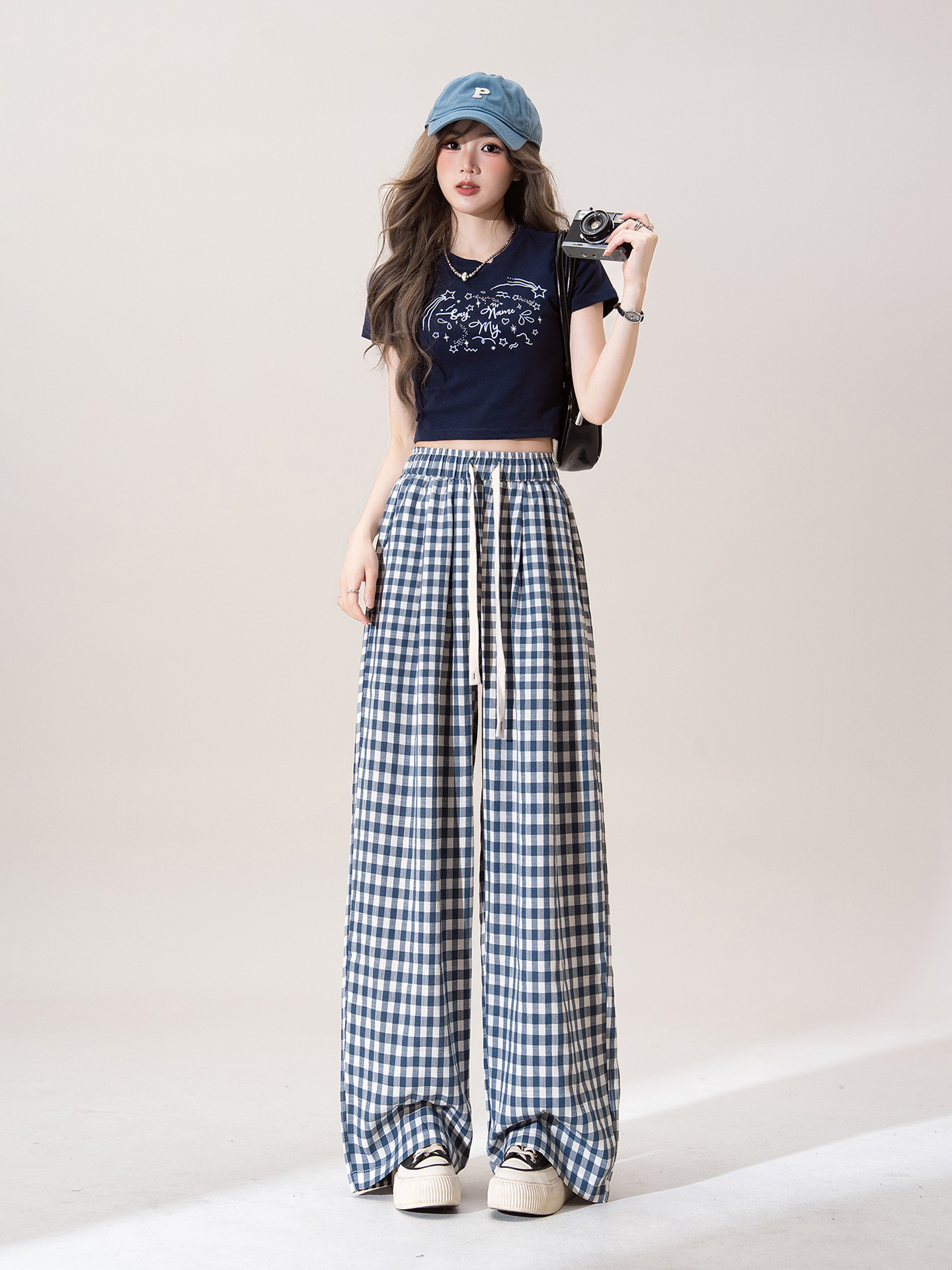 ブルーチェックのハイウエストワイドパンツ女2025夏新作デザイン感小人数ゆったり着やせカジュアルストレートパンツ