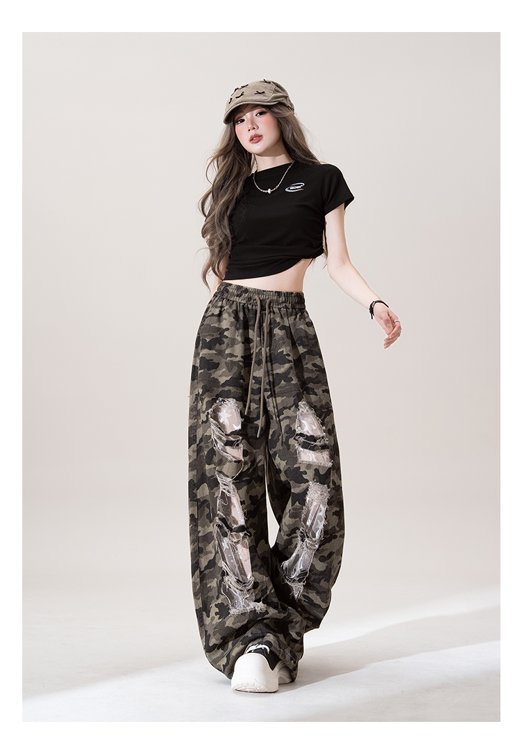 アメリカンギャル迷彩破穴カジュアルパンツ女2025夏の新デザイン感小人数ゆったりスリムパンツブーム