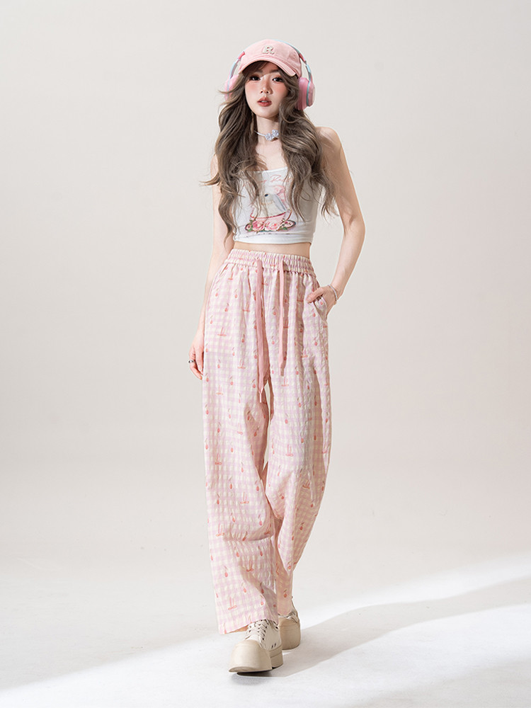 ピンクのチェックリボンプリントカジュアルパンツ夏の新作ハイウエストスリムストレートスリムワイドパンツ