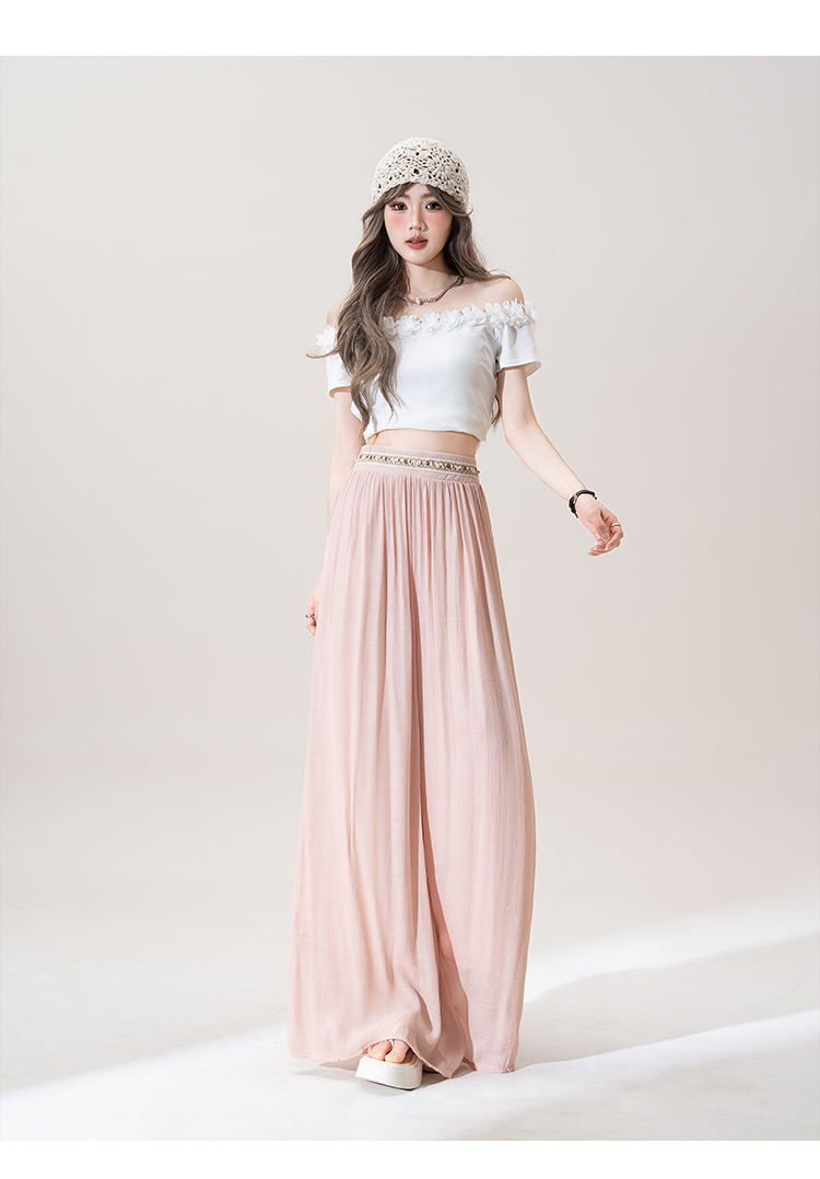 ピンクボヘミアアイスワイドパンツレディース夏薄手2025新型ゆったり垂れ感スリムカジュアルキュロット