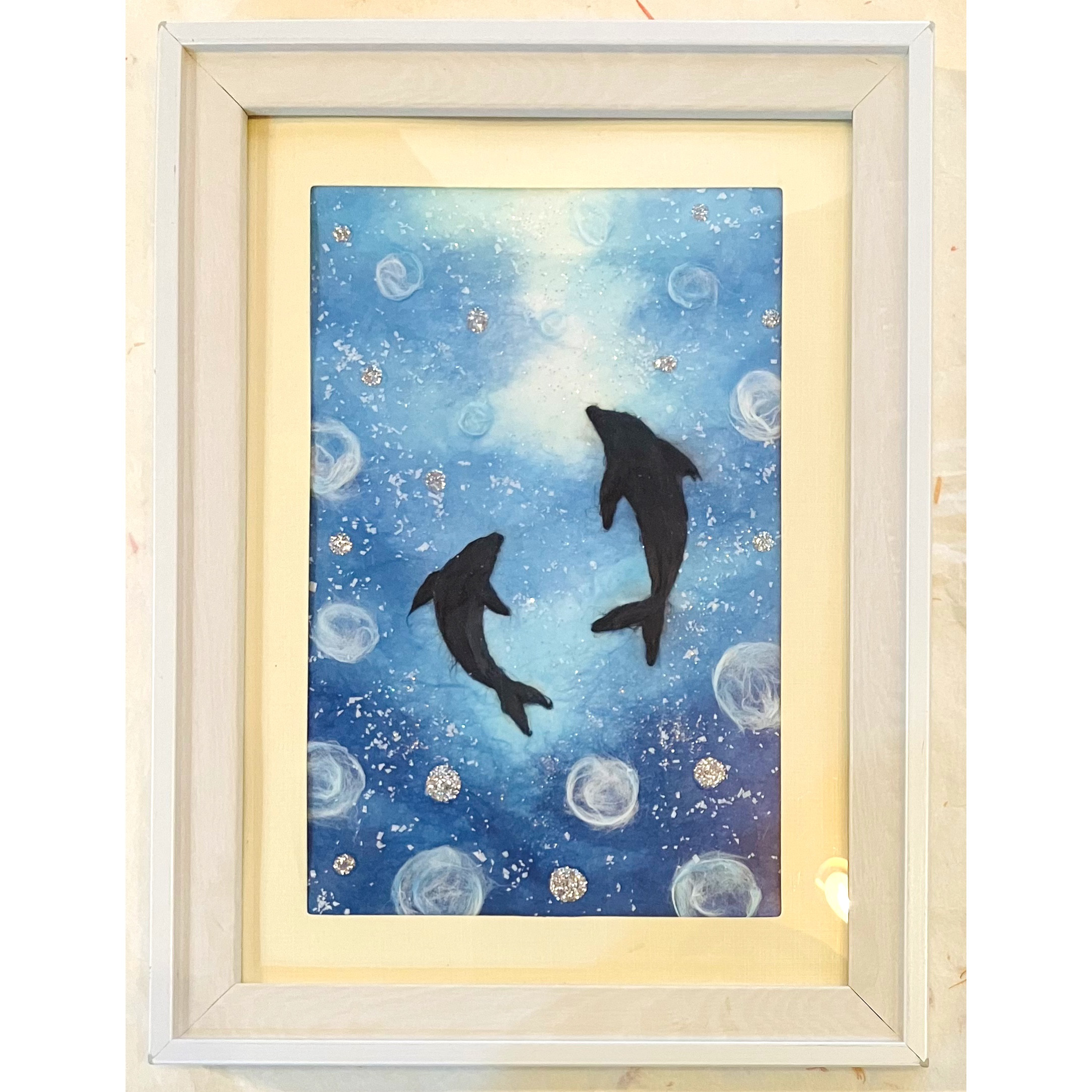 原画マット紙付額付】和紙ちぎり絵「キラキラ海のイルカたち」イルカの