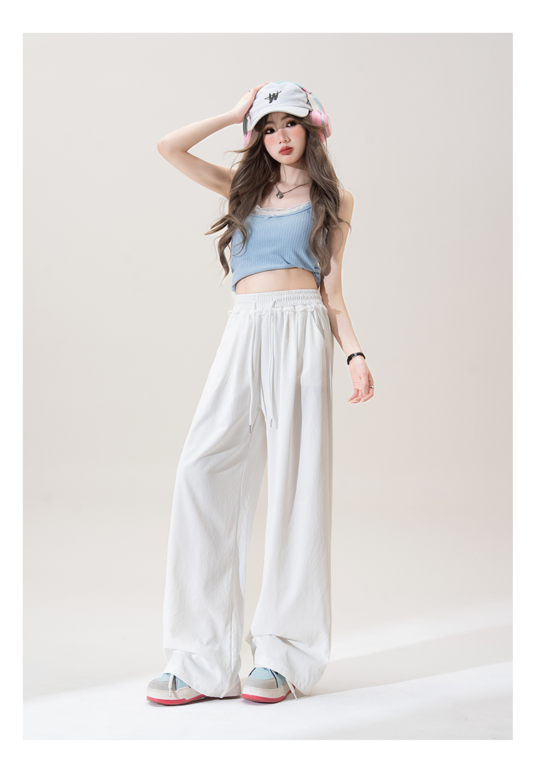 白ゆるウエストドローロープアイスワイドパンツ女2025夏新作ドレープ感たっぷりモップ付きカジュアルパンツ