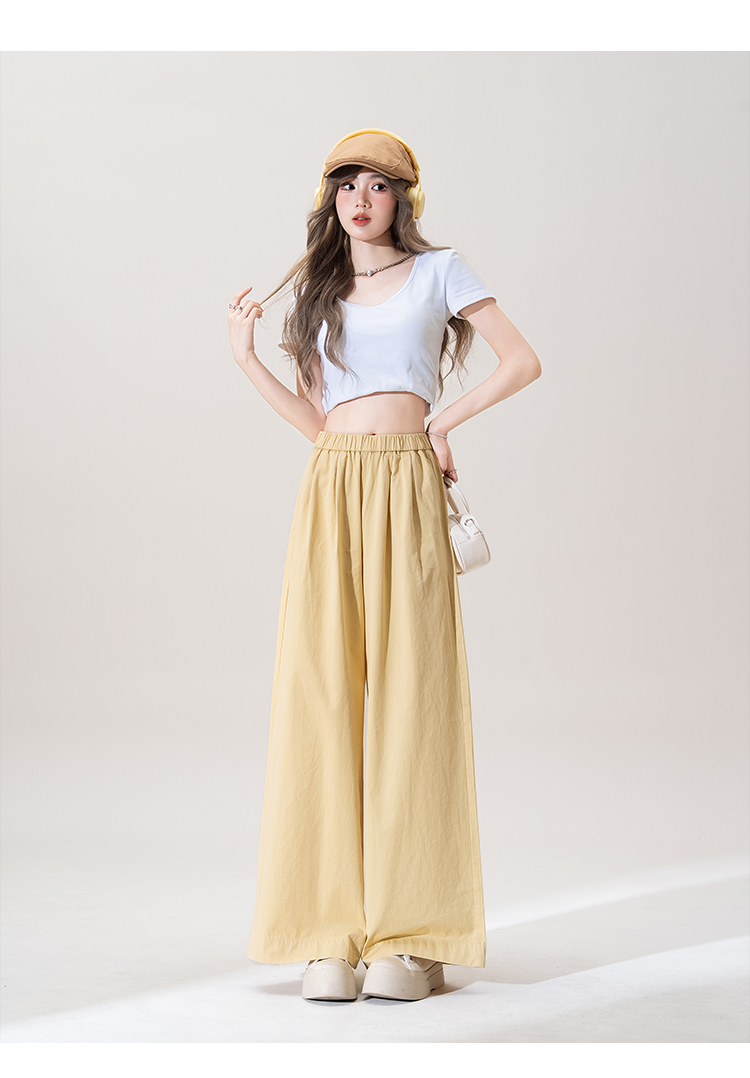 イエローのシンプルワイドパンツ夏の新作小柄薄手丈ルーズハイウエストで細めカジュアルなロングパンツ