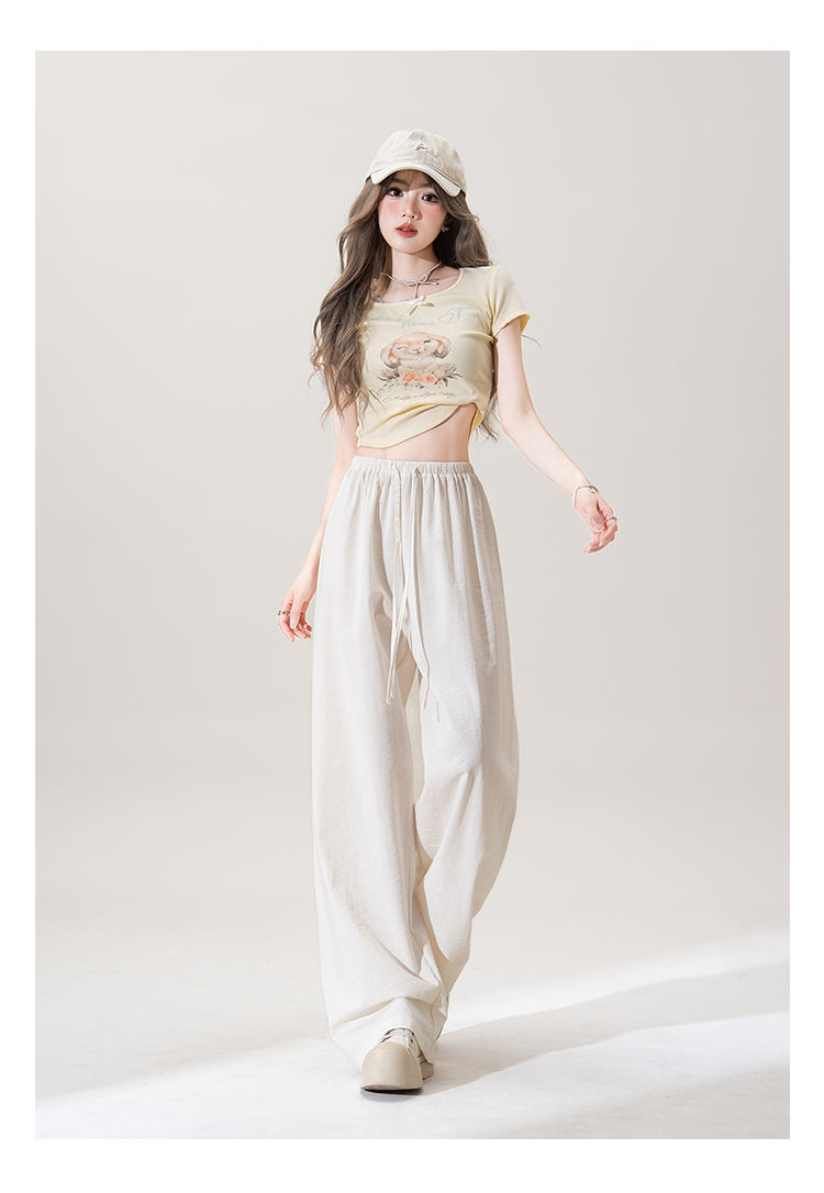 ピンクドーパミンドローコードアイスワイドパンツ女2025夏新型ハイウエストスリムスリムストレートパンツツ