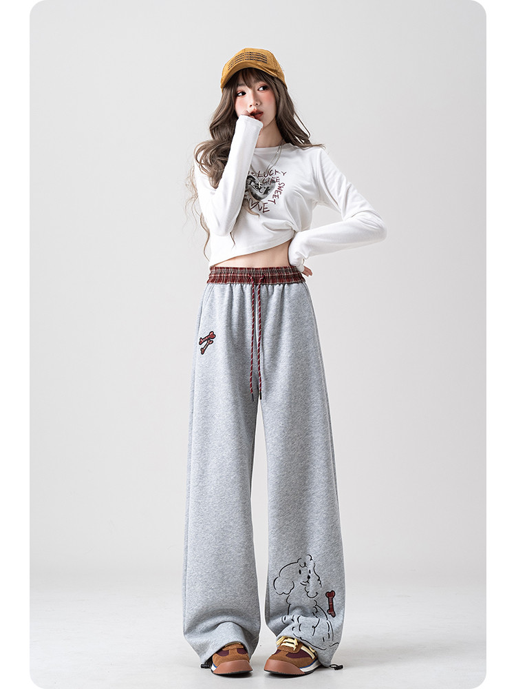 パンツ邦人アメリカンドッグプリントスポーツカジュアルパンツ女性秋2025年新型ハイウエストスリムストレートパンツ