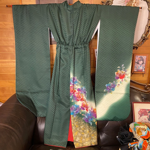 振袖 着物 ロングワンピース ドレス 2部式ローズ/バラ作り帯 リメイク