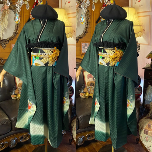 振袖着物リメイク、ロングワンピース&ヘッドドレス 振袖 着物 ロングワンピース ドレス 2部式ローズ/バラ作り帯 リメイク