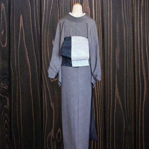 *着物反物*　寄せ柄灰色絣と結城紬　大人の兵児帯　半幅帯　長尺　ハンドメイド 着物反物* 寄せ柄灰色絣と結城紬 大人の兵児帯 半幅帯 長尺470cm