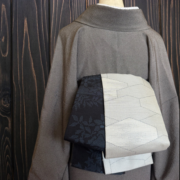 *着物反物*　寄せ柄灰色絣と結城紬　大人の兵児帯　半幅帯　長尺　ハンドメイド 着物反物* 寄せ柄灰色絣と結城紬 大人の兵児帯 半幅帯 長尺470cm