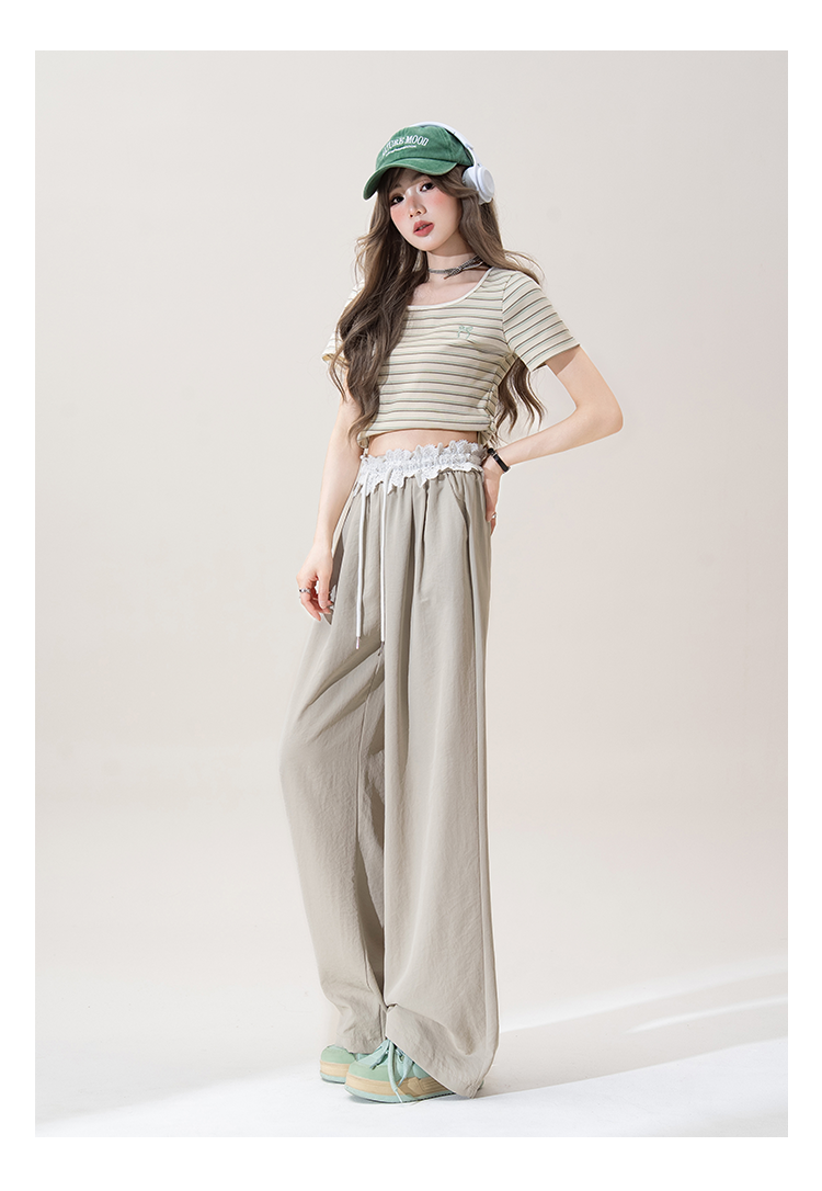 レース継ぎ目ワイドパンツ女2025夏新作ハイウエストで着痩せゆったりロングストレートモップカジュアルパンツ