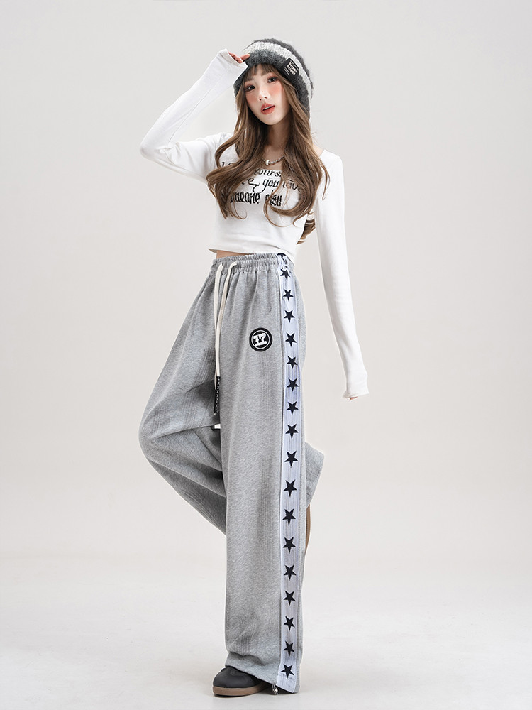 パンツ邦人染めスポーツパンツ女秋小柄サイド星プリントゆったりモップカジュアルパンツ