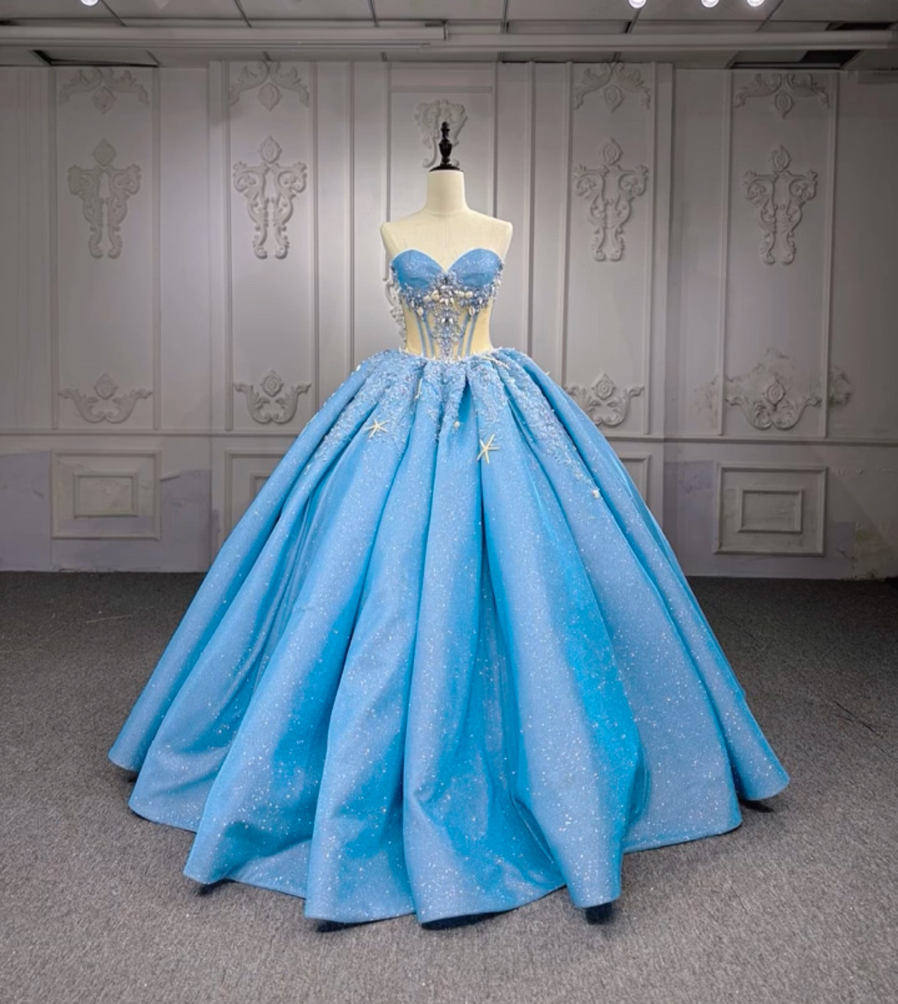 WEB限定　海　水色　カラードレス演奏会　フロアー丈ステージ衣装ロケーション撮影フォト　編み上げ　ラメ入り　豪華上品