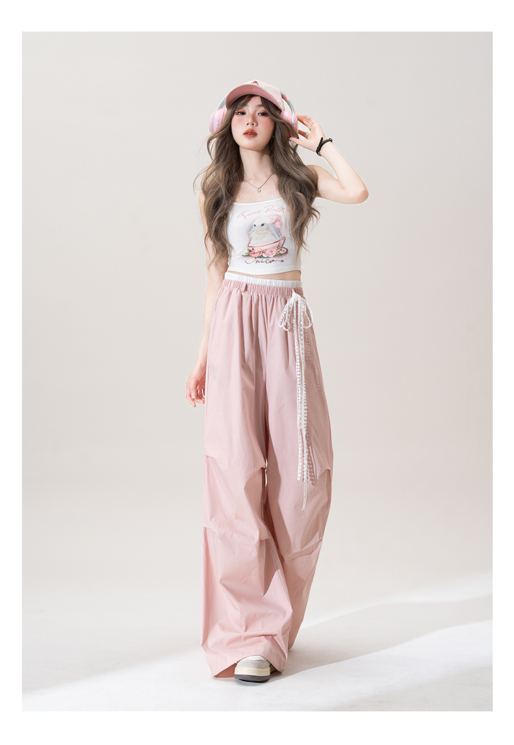 アメリカンレトロワイドパンツレディース2025夏新作リボンデザインハイウエストドレープ感で着やせカジュアルパンツブーム