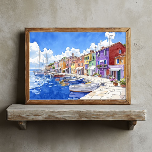 イタリアの美しい海辺の街を彩る、カラフルな建物と船着き場を描いた
