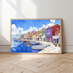 イタリアの美しい海辺の街を彩る、カラフルな建物と船着き場を描いた