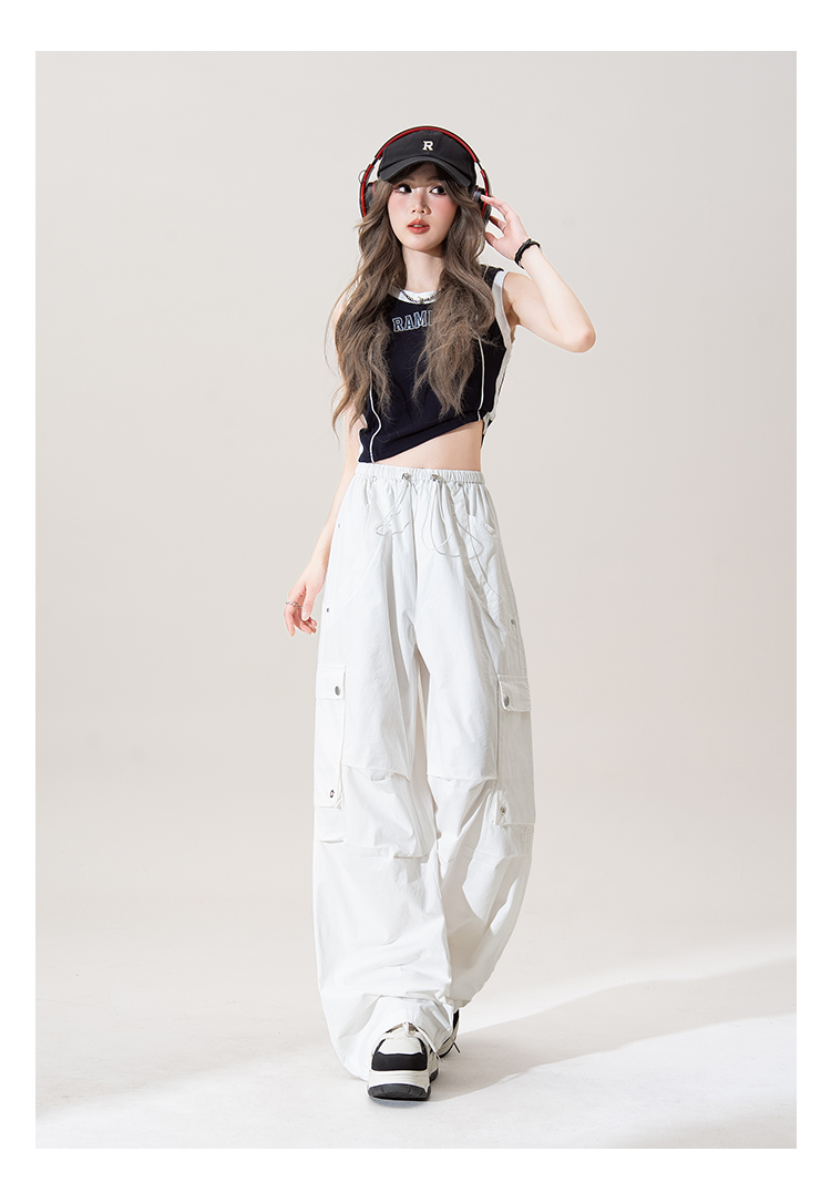 白ワイドパンツレディース2025夏新作ロープ抜きウエストゆったりスリムストレートパンツ