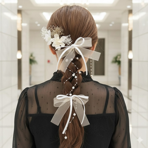 かすみ草 チュールリボン 白 ヘアピンセット お呼ばれ 髪飾り ⑱