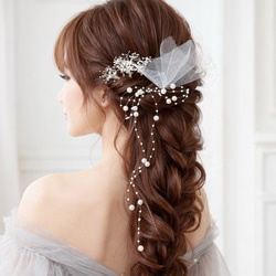 かすみ草 チュールリボン 白 ヘアピンセット お呼ばれ 髪飾り ⑱