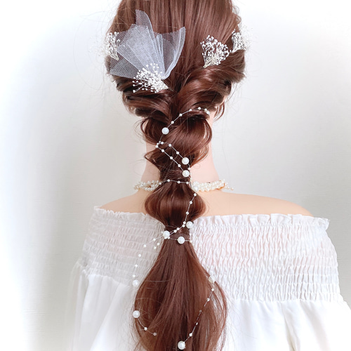 かすみ草 チュールリボン 白 ヘアピンセット お呼ばれ 髪飾り ⑱