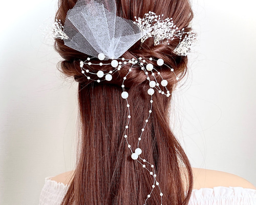かすみ草 チュールリボン 白 ヘアピンセット お呼ばれ 髪飾り ⑱