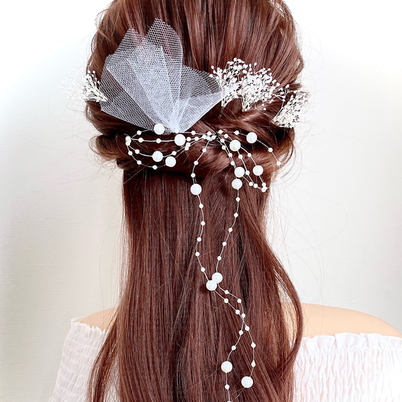 かすみ草&リボンの髪飾り