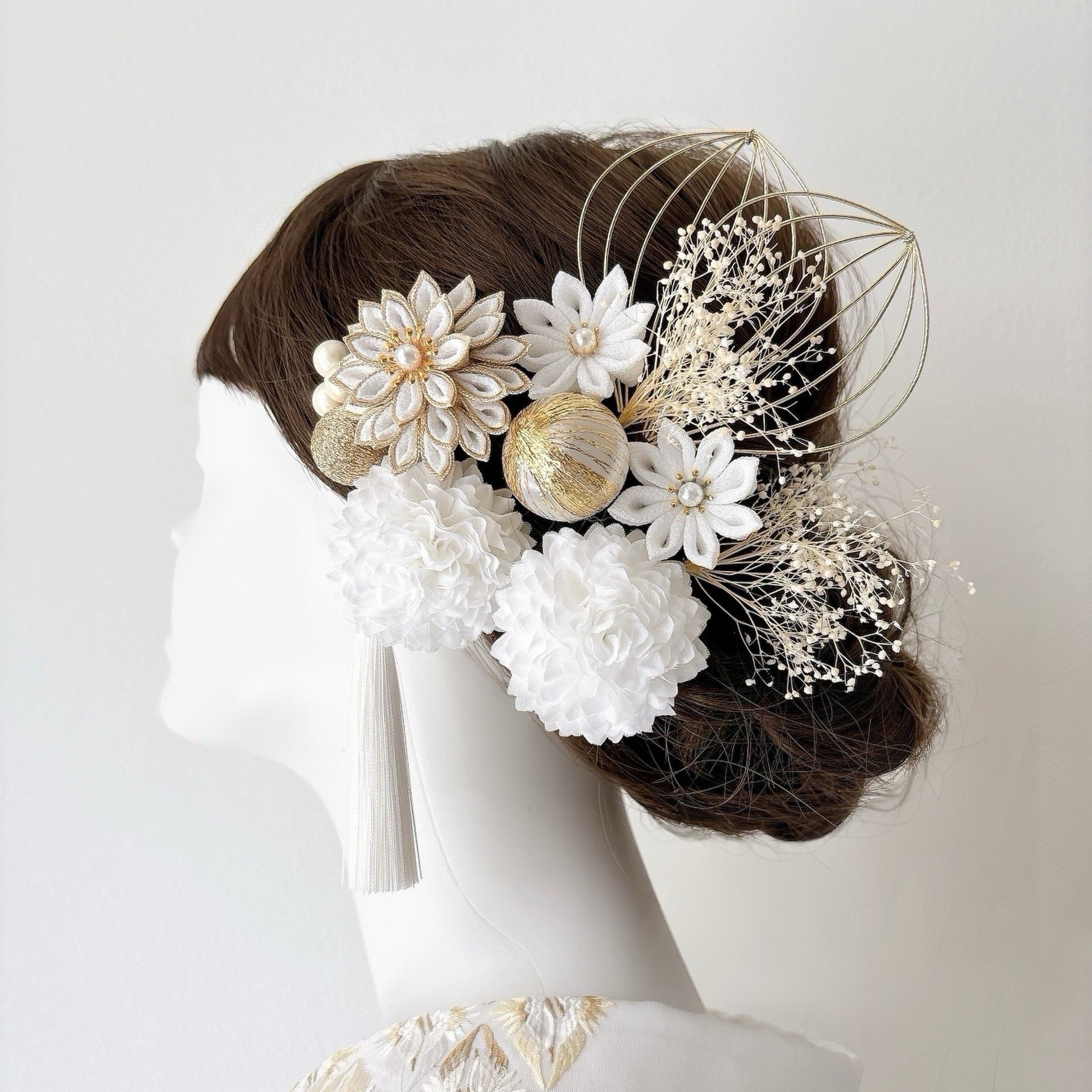 つまみ細工 髪飾り 白×白 ダリア 13点セット 成人式 前撮り 卒業式 結婚式 七五三