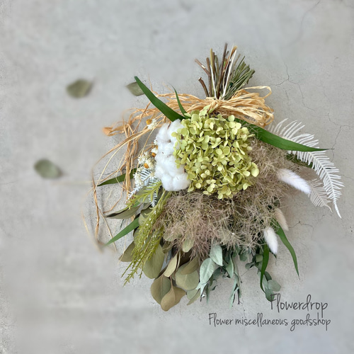 ドライフラワー スワッグ　リース　アナベル アナベルとコットンフラワーとスモークツリーのスワッグ インテリア