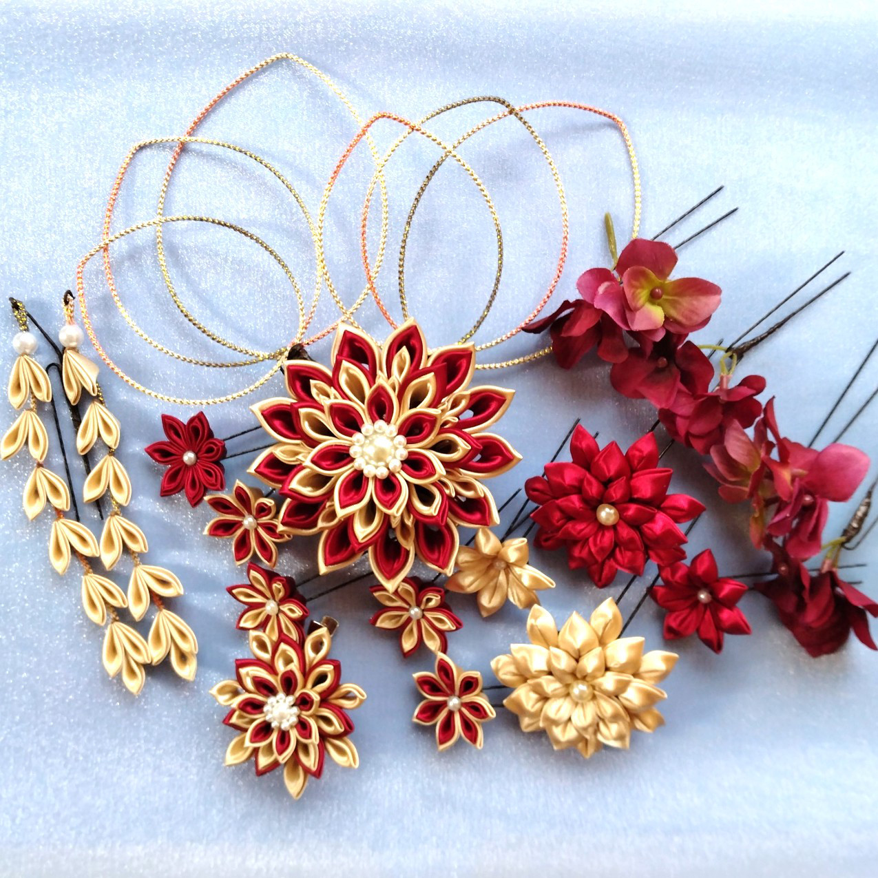 洋風つまみ細工＊髪飾り・ヘッドドレス【金と赤】豪華セット　下がり、水引風飾り付き・成人式結婚式等