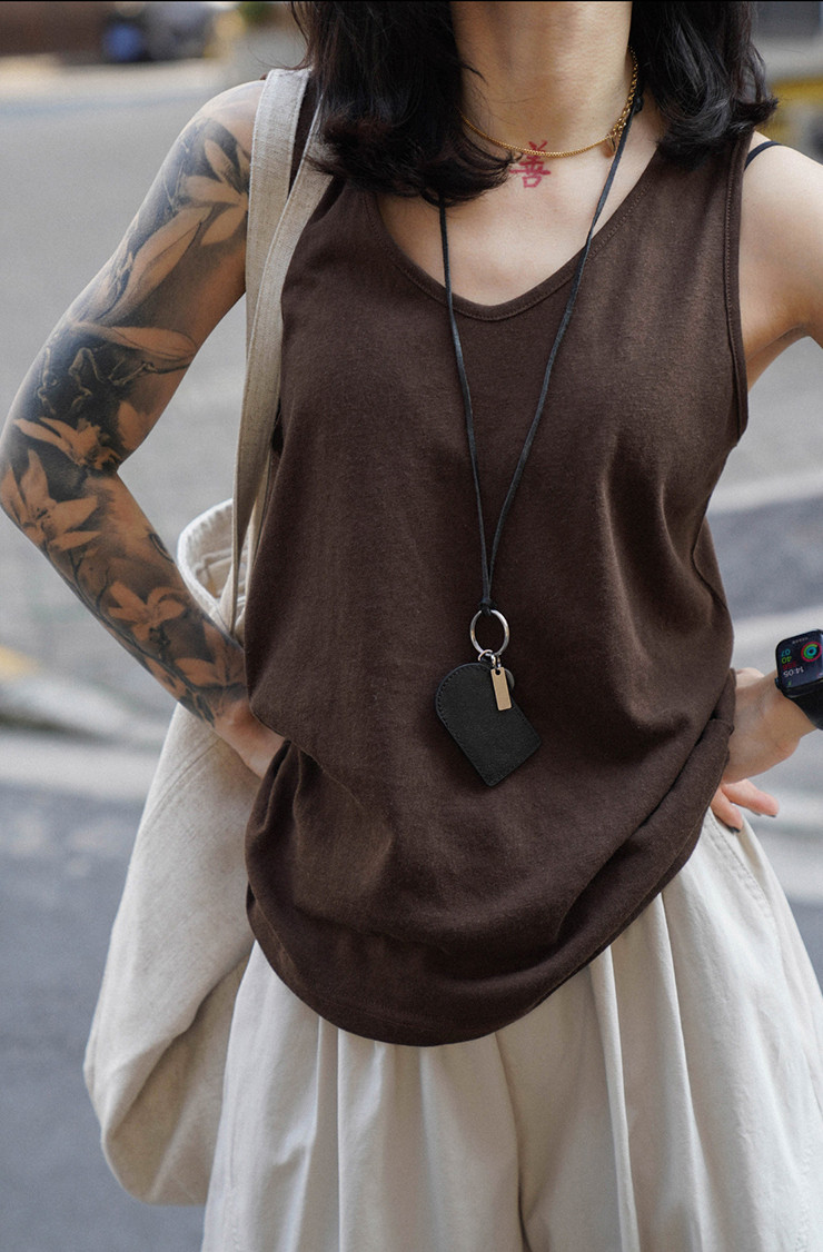 コットンブレンドVネック ゆったりカジュアル キャミソール ノースリーブ レディースタンクトップ