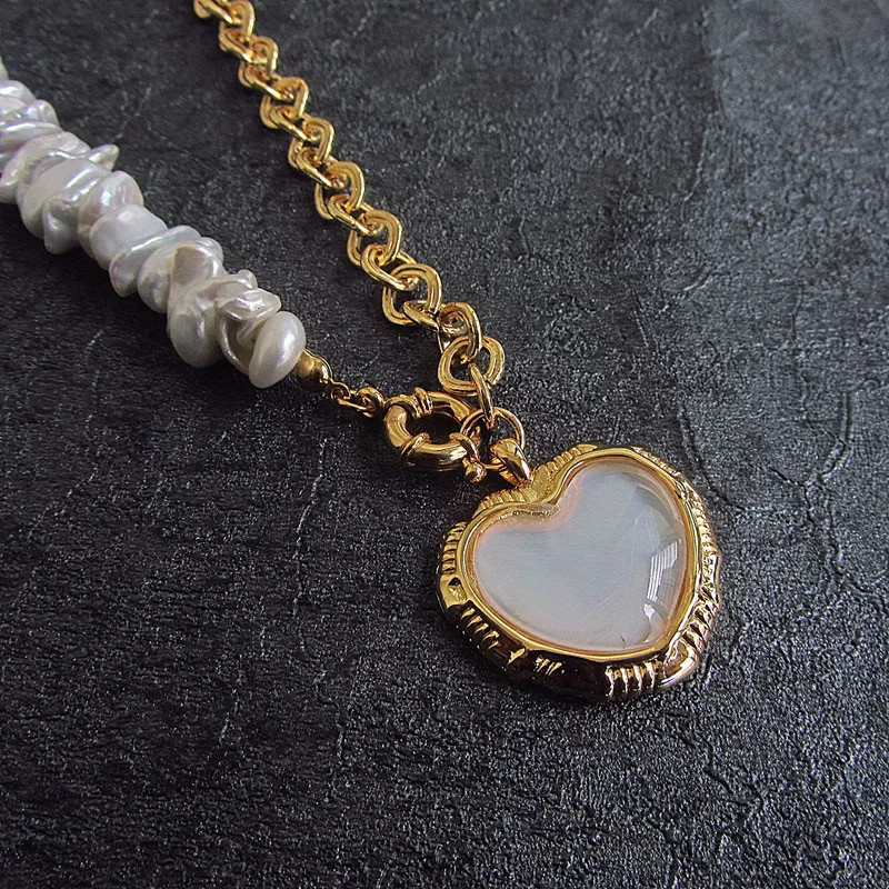 ハートシェル付き 淡水パールネックレス フレンチレトロ