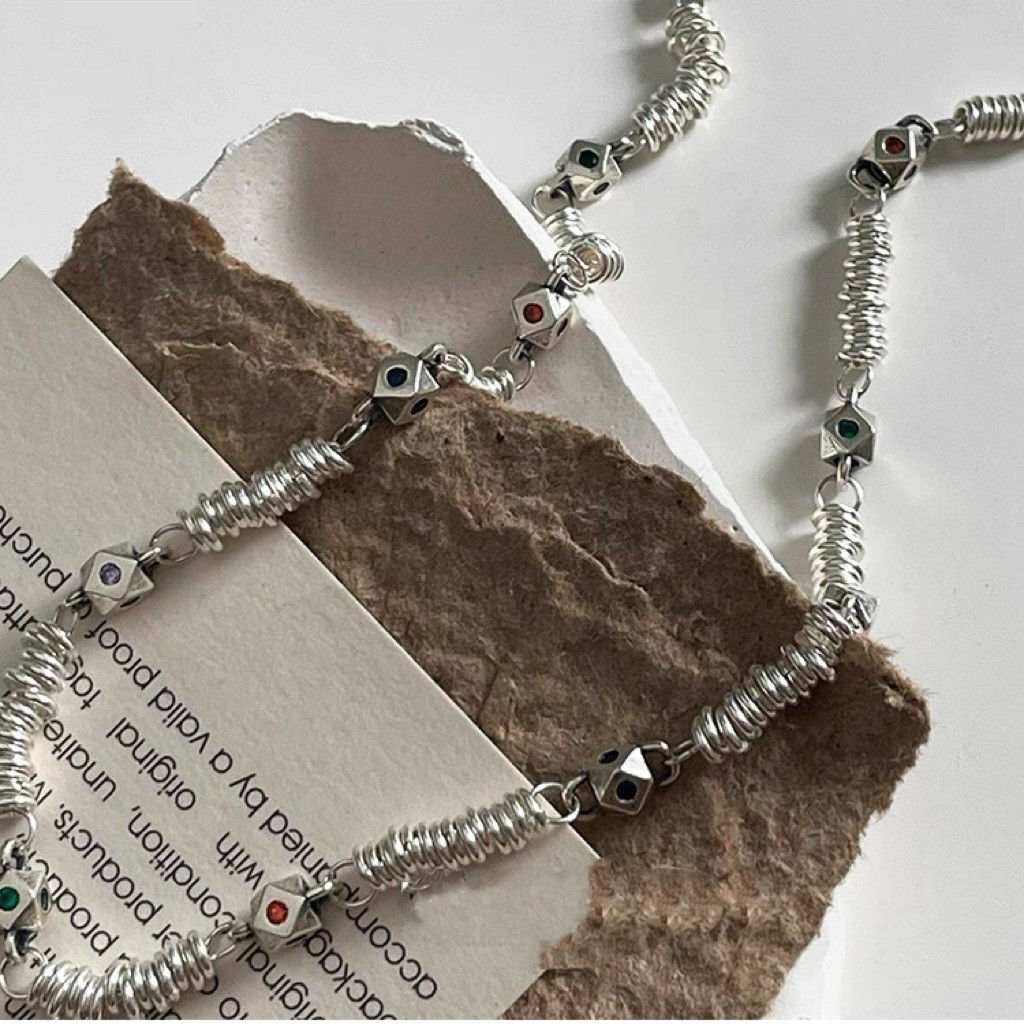 カラフルビーズのシルバーネックレス　925純銀·六芒星ポイントネックレス