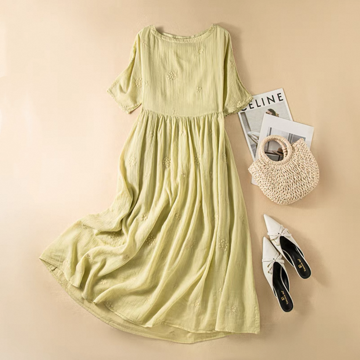 ゆったりワンピース 大人カジュアルワンピース レディースワンピース 綿麻ワンピース 夏ワンピース 冷感 花柄