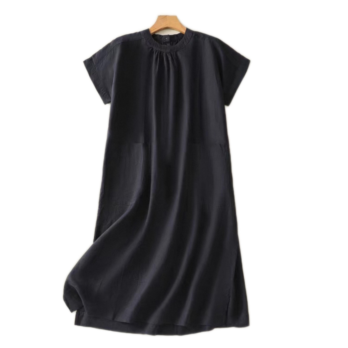 ゆったりワンピース 大人カジュアルワンピース レディースワンピース 綿麻ワンピース 夏ワンピース ネイビー 無地 人気