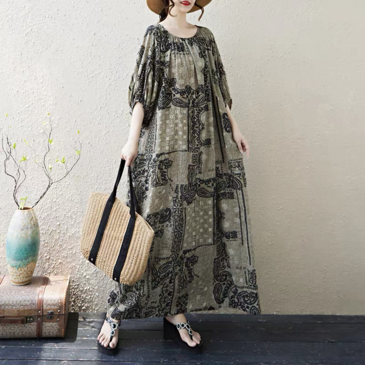 ゆったりワンピース 大人カジュアルワンピース レディースワンピース 綿麻ワンピース 夏ワンピース 人気