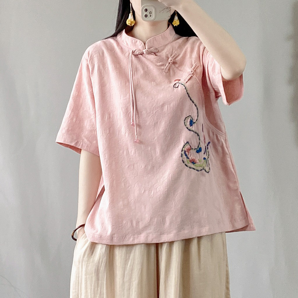 レディース 綿麻 スタンドカラー アシンメトリー 前ボタン 刺繍ショートシャツ