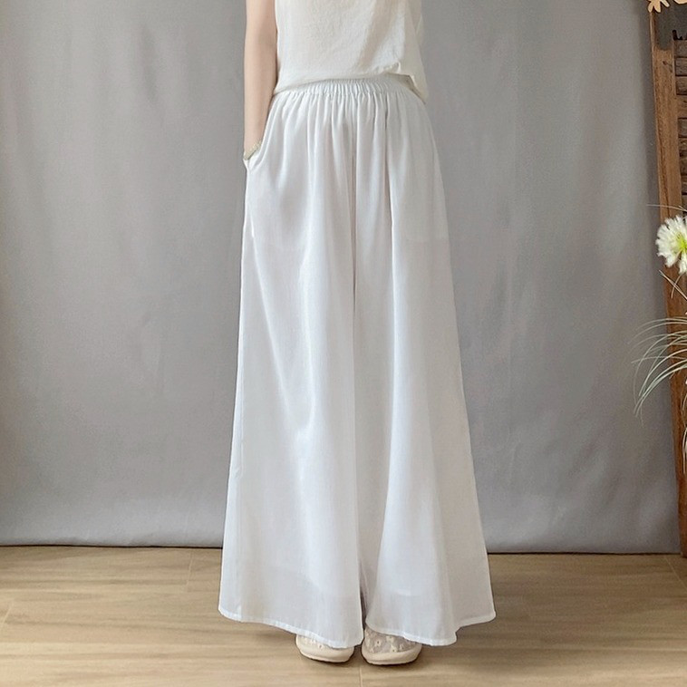 レディース 綿麻 ウエストゴム 二重ガーゼ ワイドパンツ