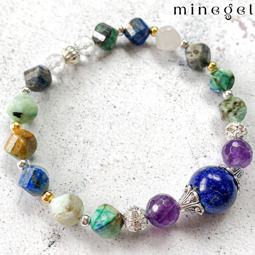 ⭐️幸運⭐️13mm 高発色ラピスラズリ アメジスト クリソコラ ブレスレット✨｜minegel お守り