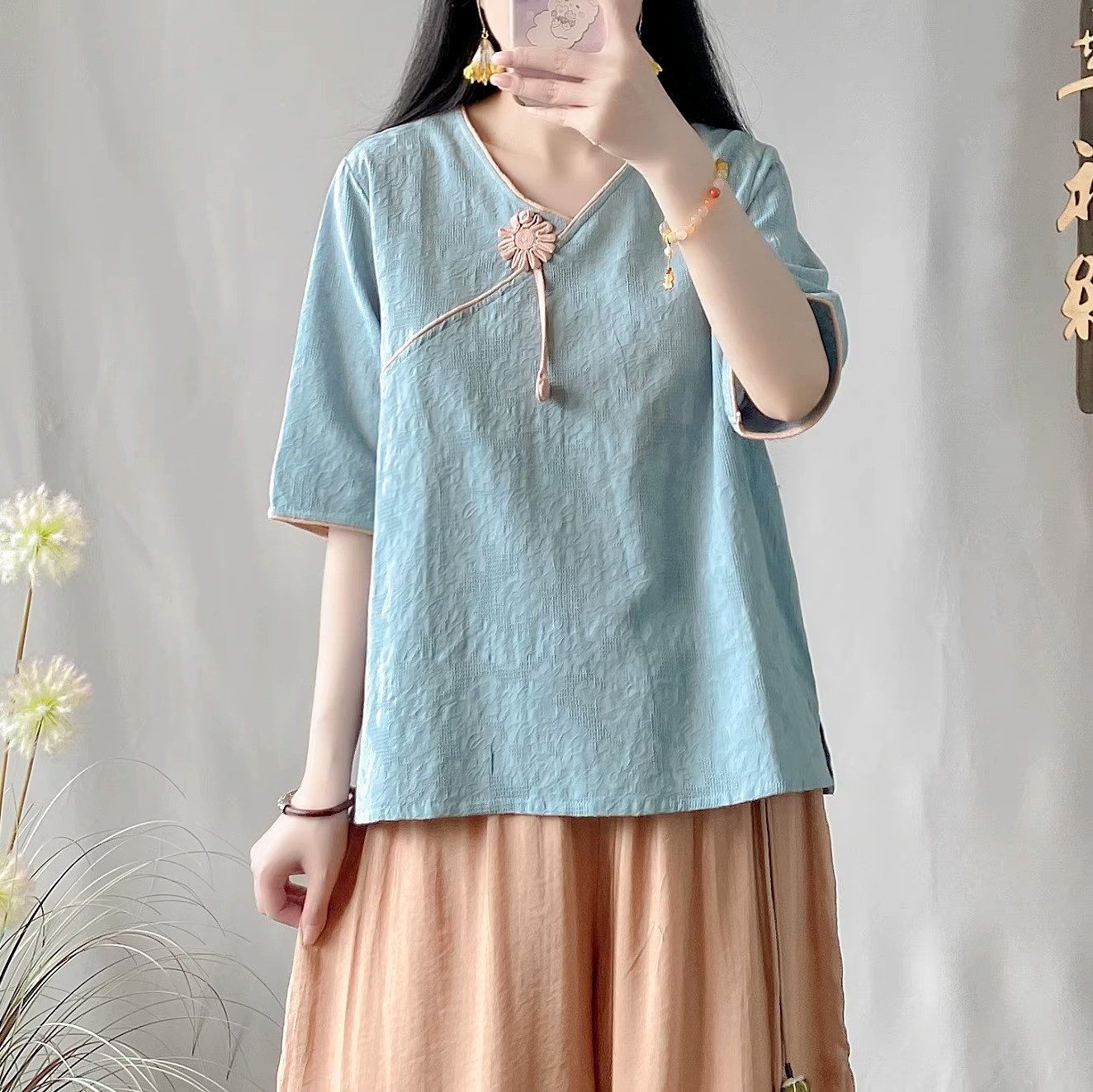 レディース 綿麻 Vネック 前ボタン ショート半袖 トップス