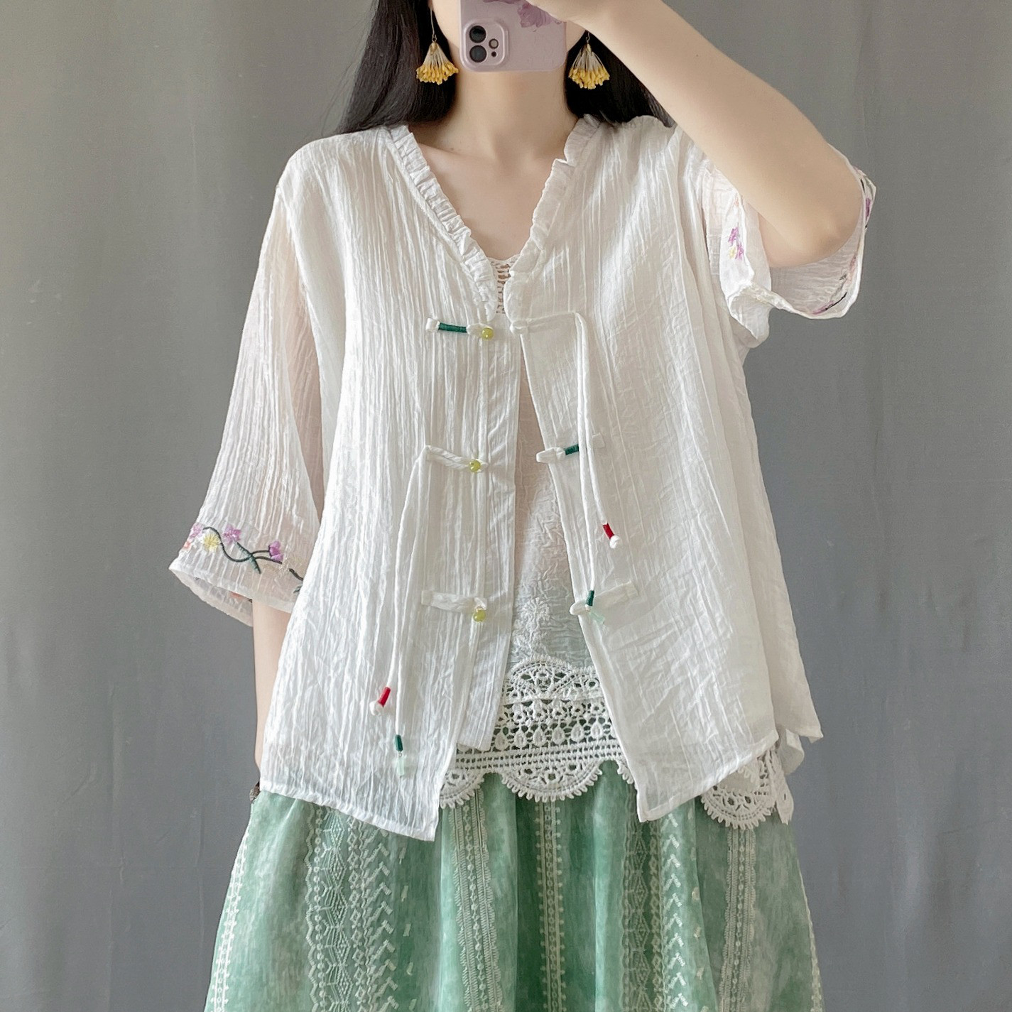 レディース 綿麻 二重構造 刺繍 ショートカーディガン