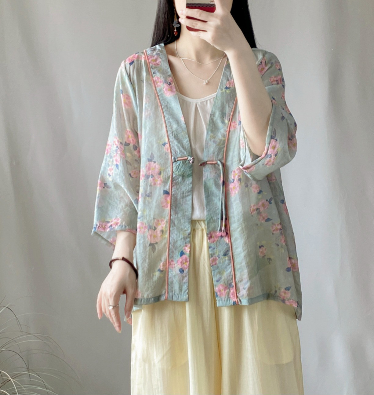 レディース プリント Vネック 七分袖 ショートカーディガン