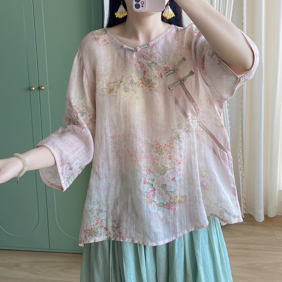 レディース 綿麻 プリント アシンメトリー 前ボタン ショートシャツ