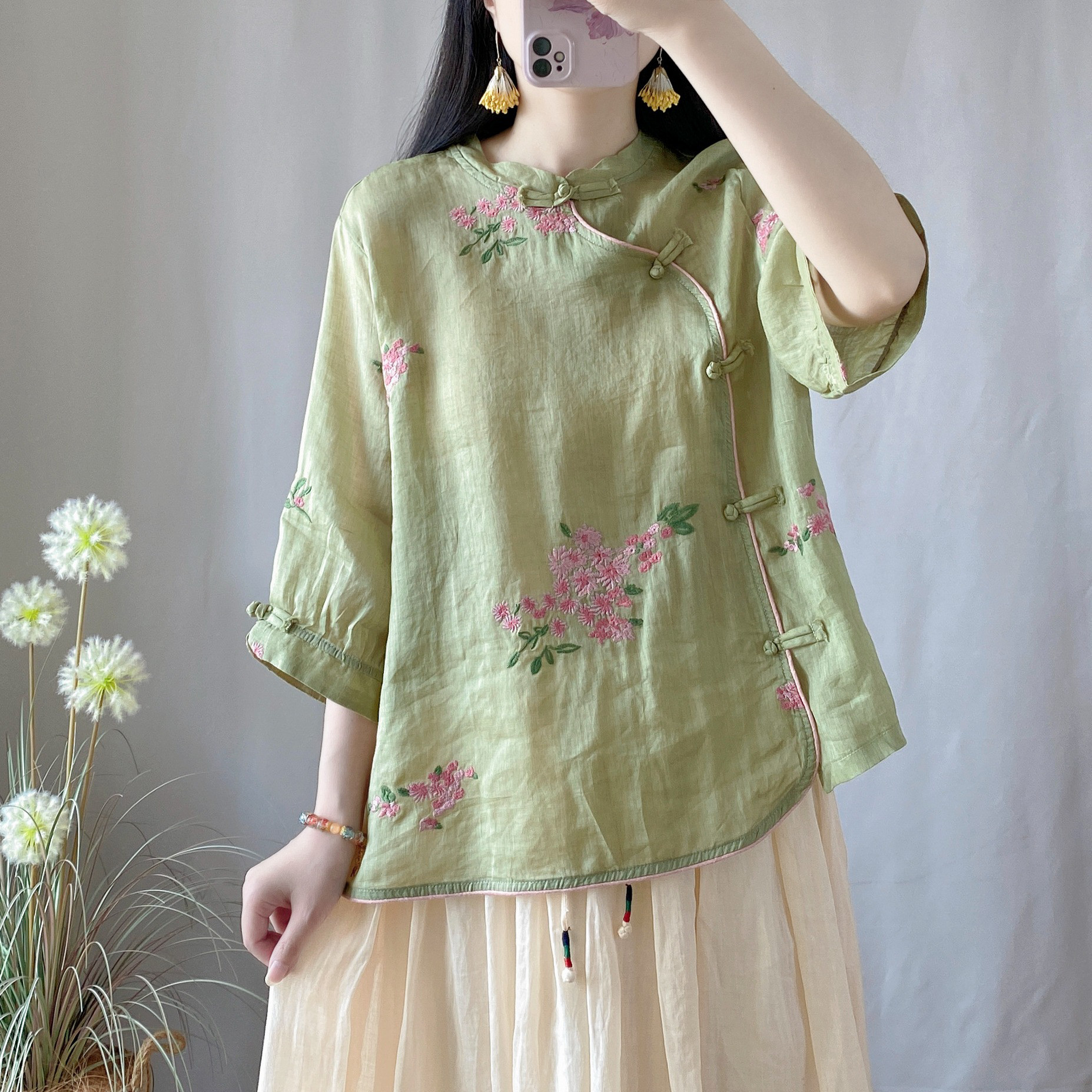 レディース 刺繍 立体刺繍 アシンメトリー ショートシャツ