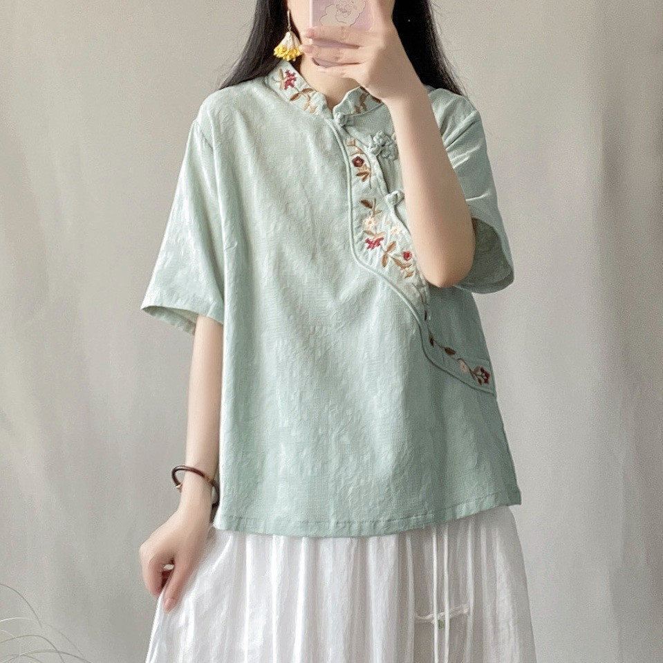 レディース 綿麻 アシンメトリー ショートトップス