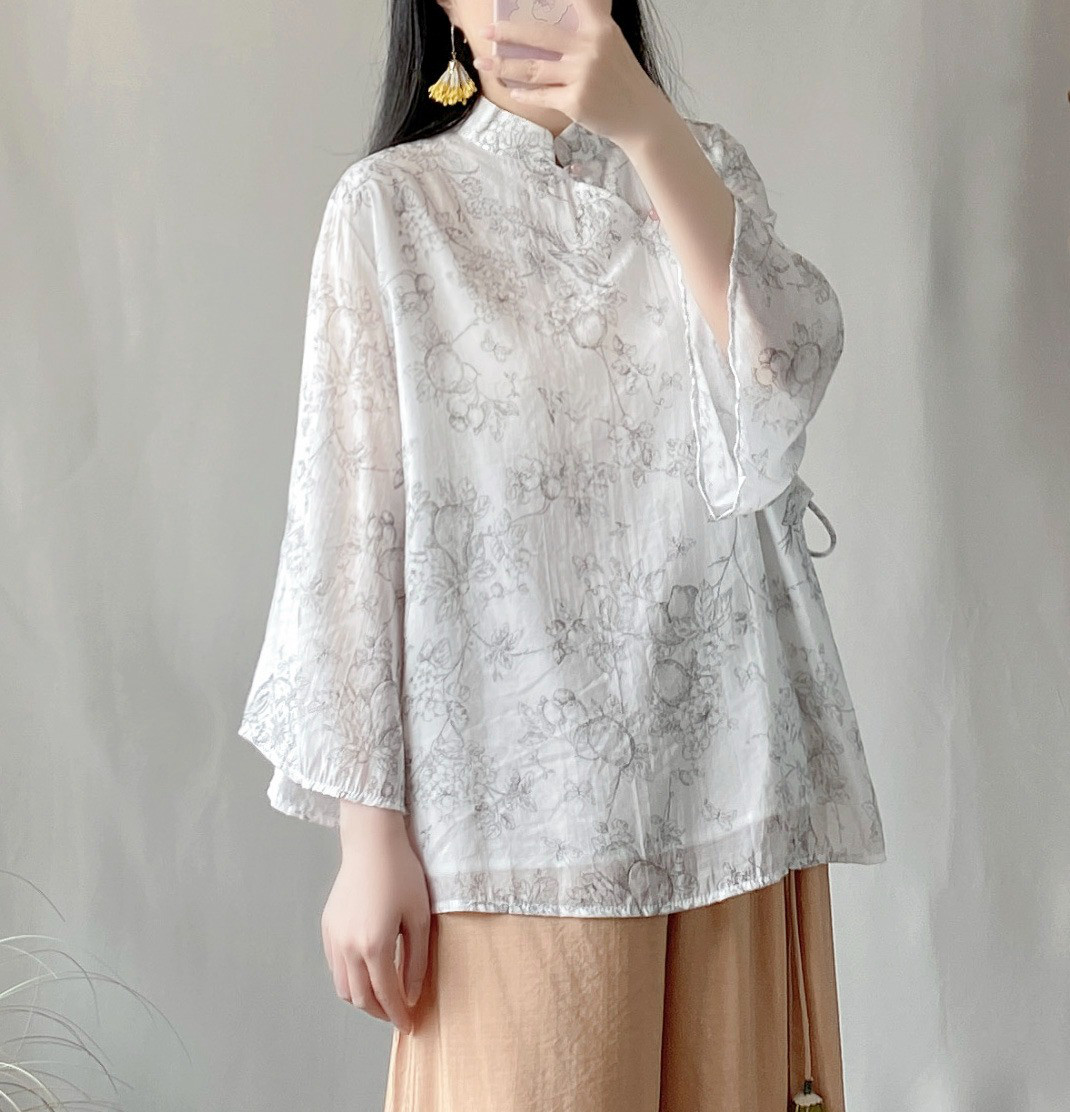 レディース 綿麻 アシンメトリー スタンドカラー パールボタン 二重構造 ショートシャツ