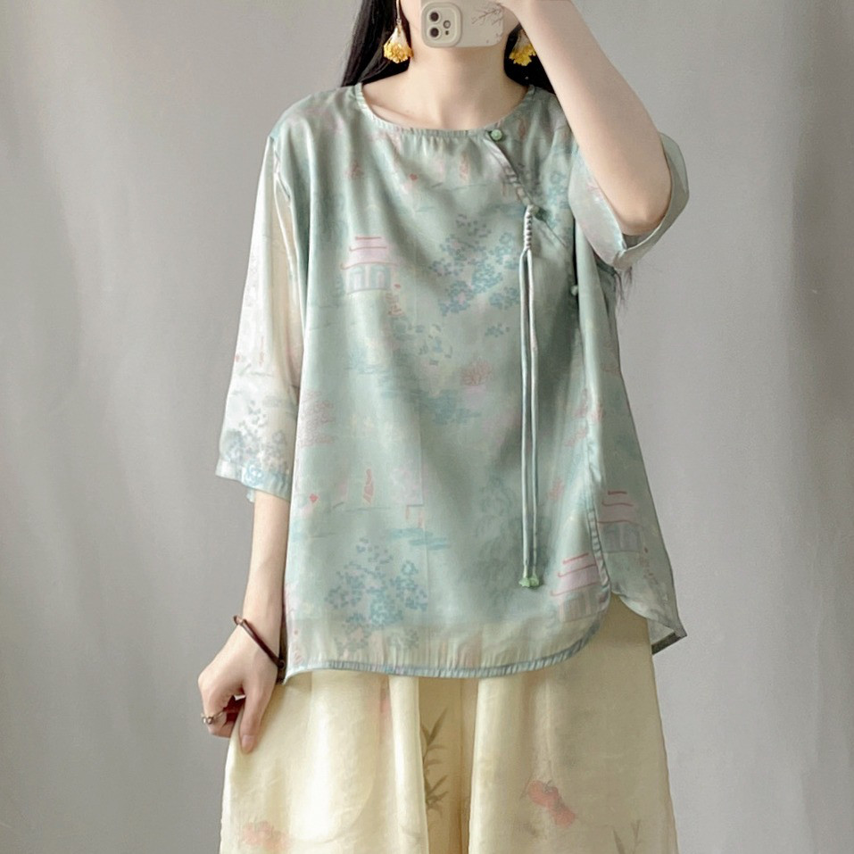 レディース アシンメトリー プリント ショートシャツ