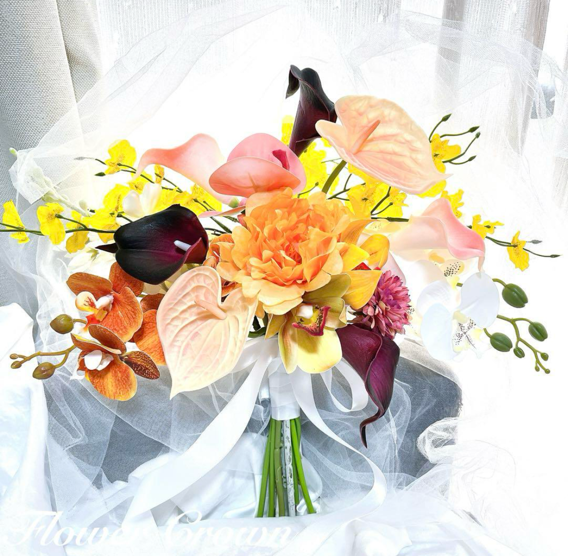 ウエディングブーケ アーティフィシャルフラワーブーケ 結婚式 クラッチブーケ 造花ブーケ 前撮り 胡蝶蘭 テラコッタ