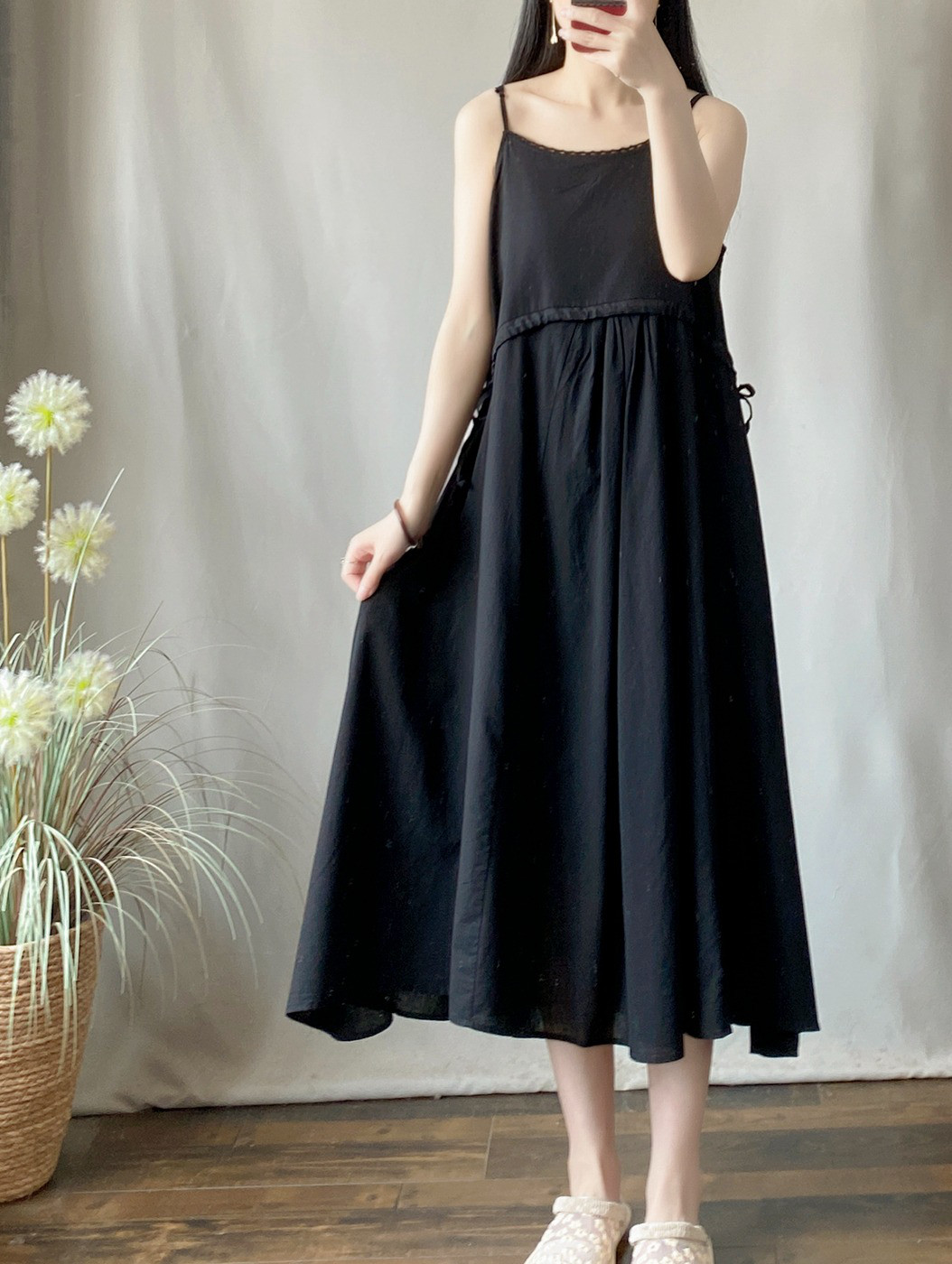 レディース 綿麻 二重構造 キャミソール ミディ丈 ノースリーブワンピース