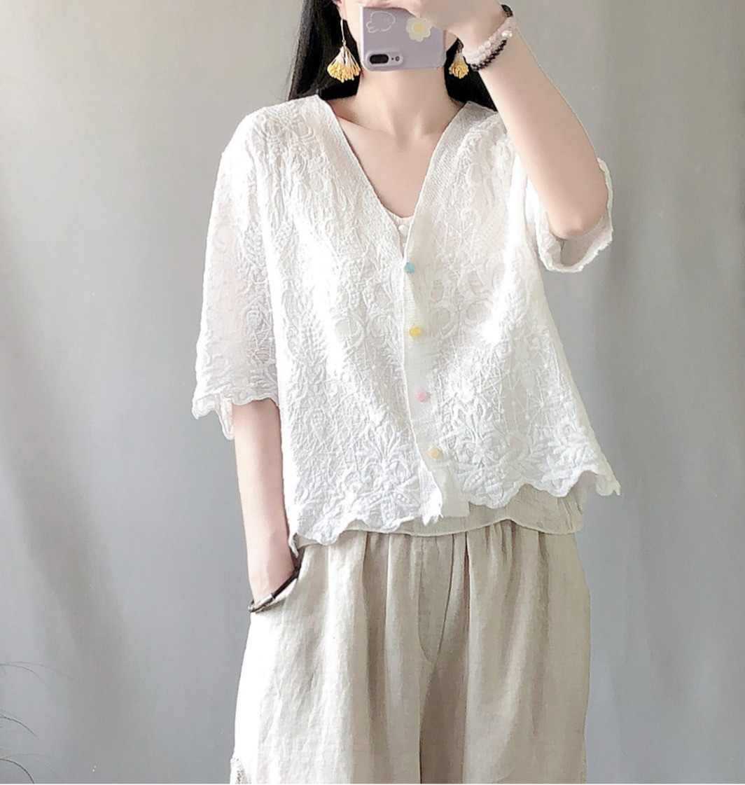 レディース 綿100％ レース付き 五分袖 ショートシャツカーディガン