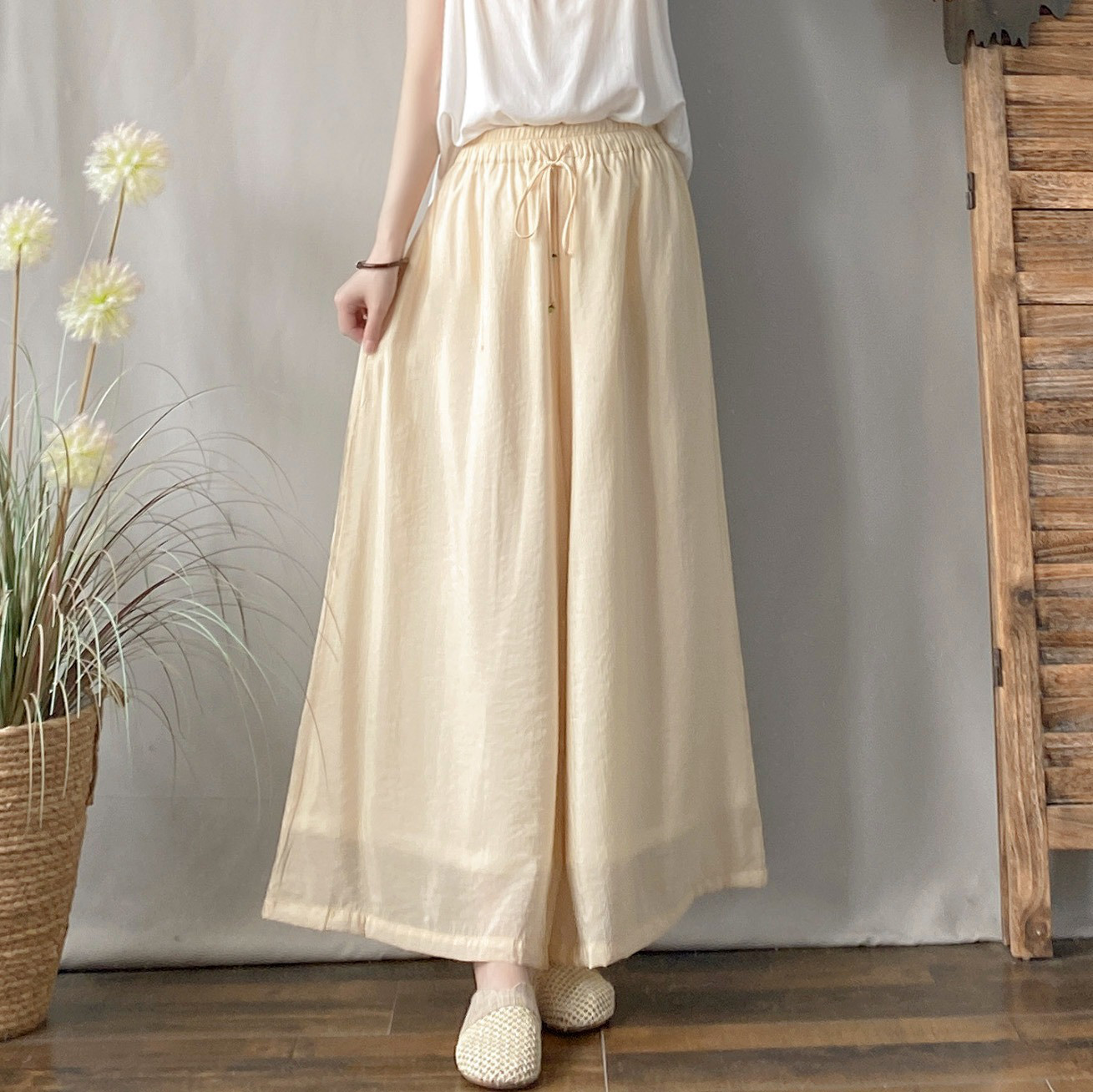 レディース 綿麻 ウエストゴム 二重構造 薄手 ワイドパンツ