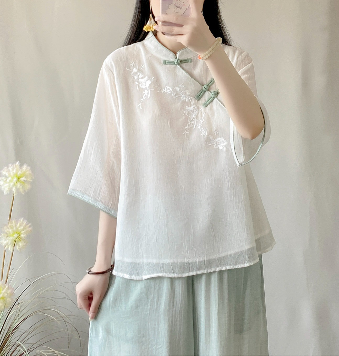 レディース スタンドカラー 前ボタン ショートシャツ